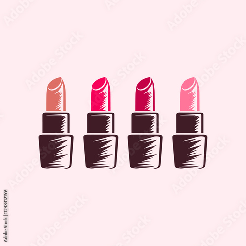 Set of Four Elegant Lipstick Logo Vector Illustration Templates for Makeup Background, Flyer Marketing, and Cosmetics Branding in Beauty Industry