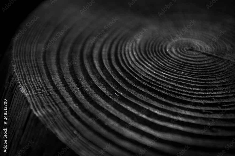 Obraz premium Tree Stump Texture with Annual Rings, Black and White Close-Up. Generative AI