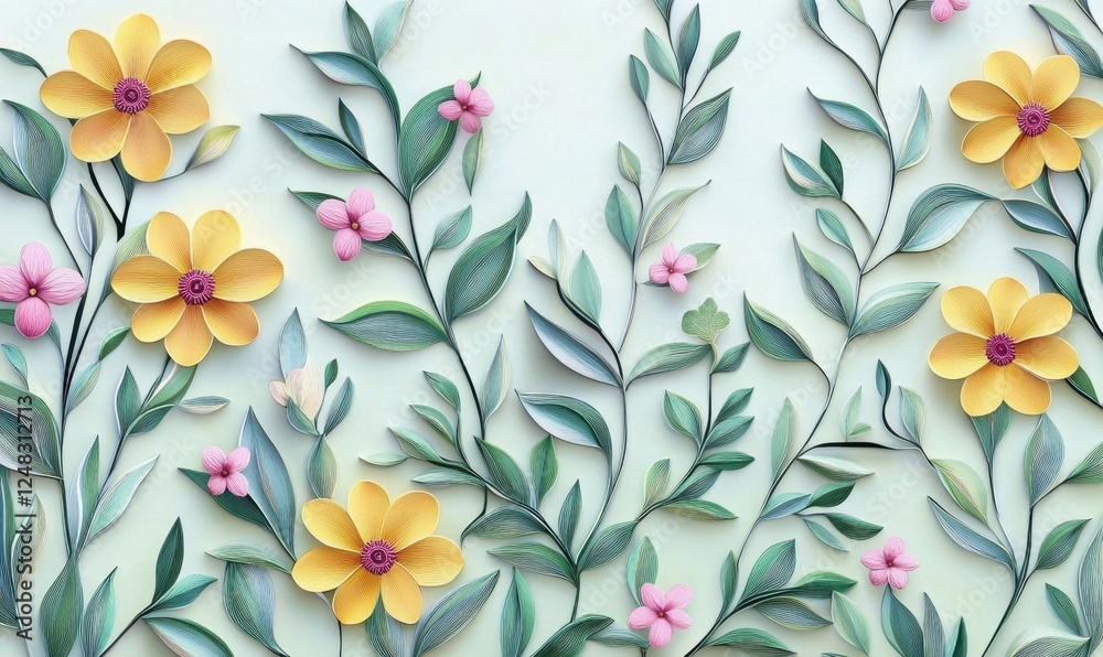 Fototapeta premium Paper flowers and leaves, botanical design, spring background, nature wall art
