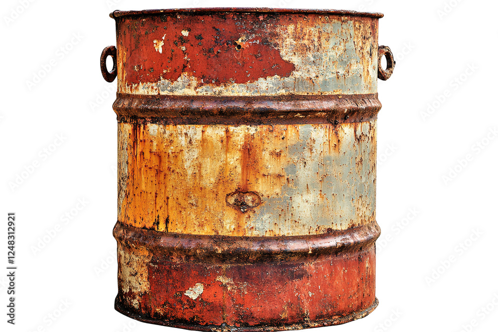 A rusty barrel with a chain hanging from it. ,on transparent background. A rusty barrel with a chain hanging from it. ,on transparent background.