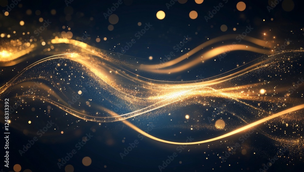 Obraz premium Golden glittering waves flow on dark background.