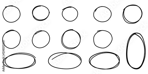 Highlight oval circular doodle frames. Hand drawn pencil crayon set sketch graffiti style. Simple naive line art collection.