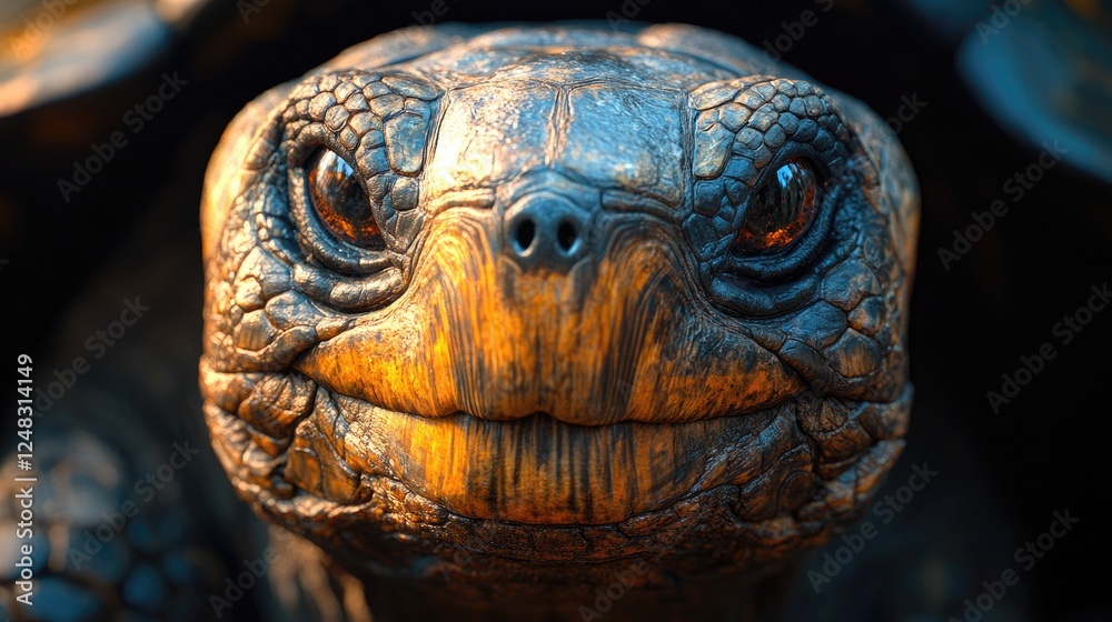 Obraz premium Close-up of a smiling tortoise showcasing intricate textures and vibrant colors