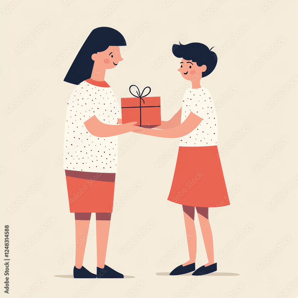 illustration of a child giving gift of mom. Mother Receiving Gift from Child. Congratulation. Mother's Day. style of a shabby texture illustration illustration of a child giving gift of mom. Mother Receiving Gift from Child. Congratulation. Mother's Day. style of a shabby texture illustration