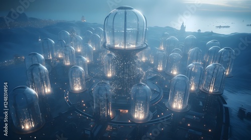 Aerial view of a futuristic underwater city with transparent domes showcasing a vision of innovation and technological advancement in an aquatic environment