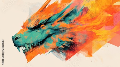 Fiery Beast: An abstract digital painting of a snarling wolf with bright orange and teal brushstrokes highlighting its ferocious features