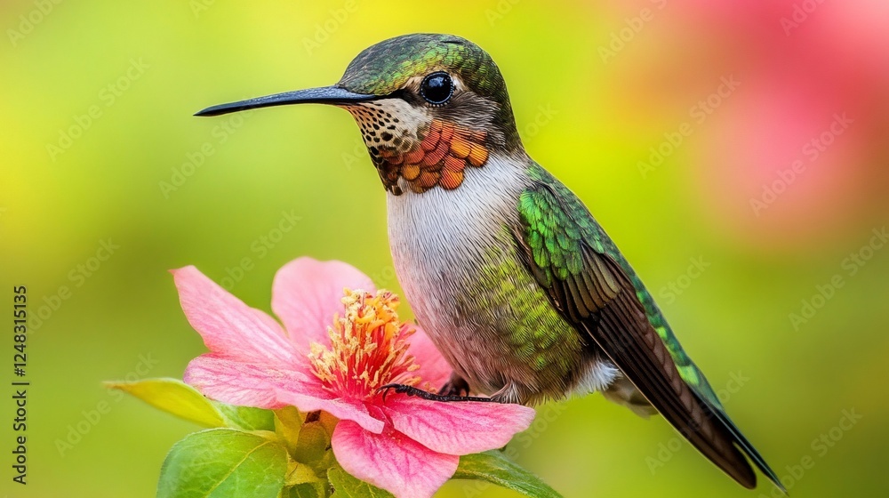 Fototapeta premium Vibrant hummingbird perching on pink flower blossom