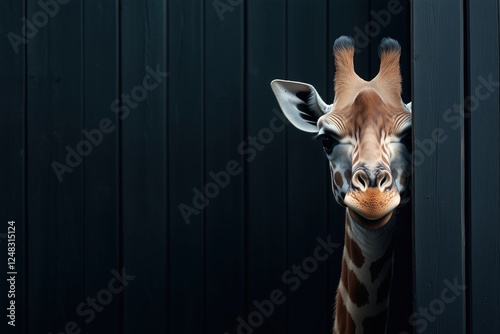 Giraffe peeking from behind a dark wooden wall. Mystery and curiosity concept photo