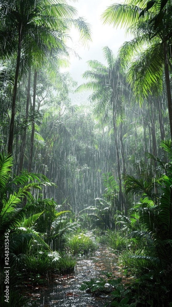 Fototapeta premium Rainforest Downpour: Lush Greenery, Tropical Plants, Tranquil Creek