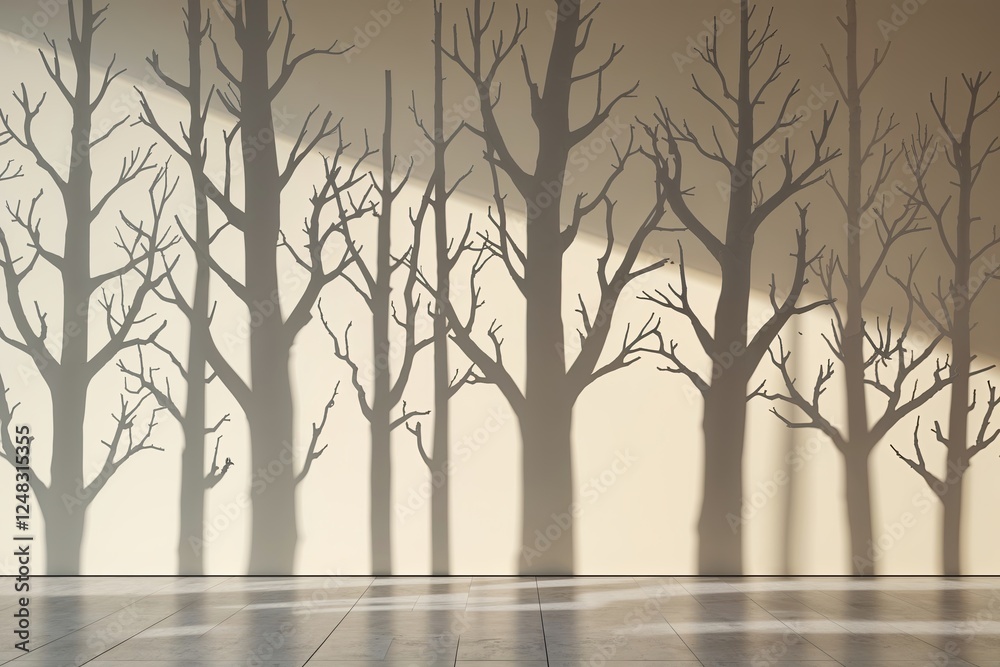Fototapeta premium Serene Background of Shadowy Aspen Tree Outlines on a Cream Wall for Minimalist Retail Decor