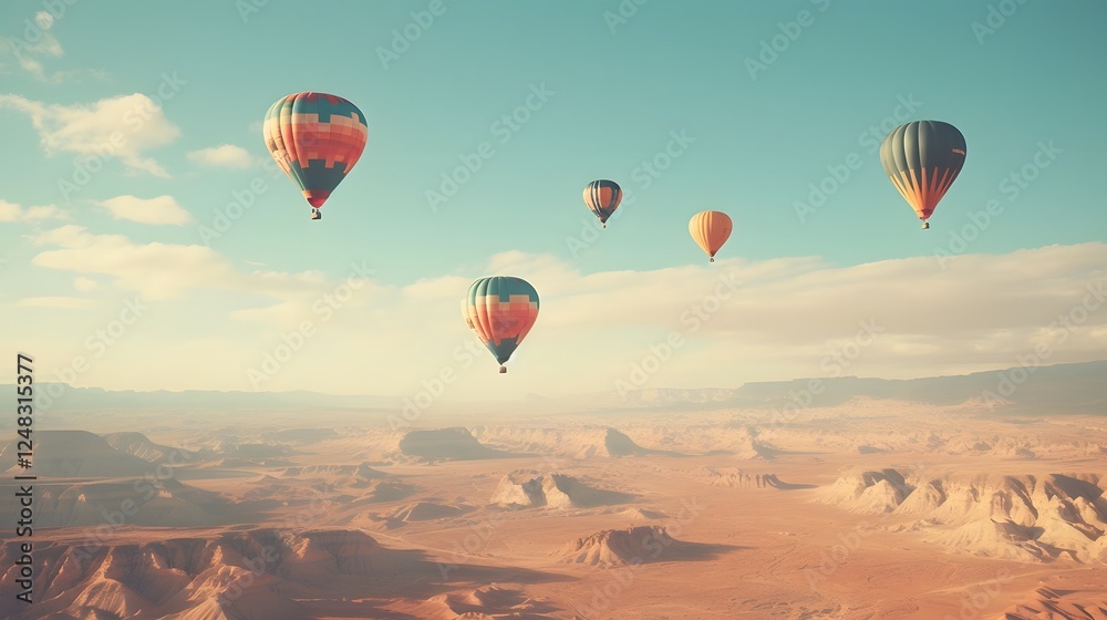 Naklejka premium Majestic air balloons gracefully floating above a vast picturesque landscape in a serene atmospheric aerial panorama
