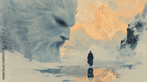 A solitary figure walks across a frozen lake toward majestic snow-capped mountains under the watchful gaze of an immense ancient face