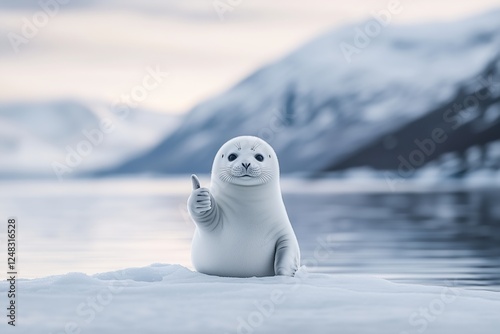 Smiling seal giving a thumbs-up gesture on icy terrain with a scenic winter backdrop. positivity and approval concept