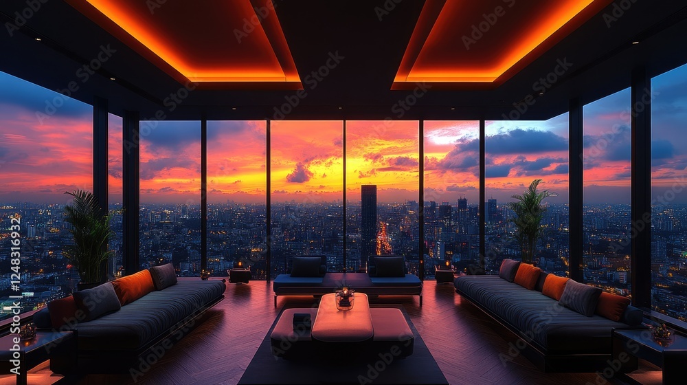 Fototapeta premium Stunning sunset view from a luxurious high-rise apartment overlooking a vibrant city skyline