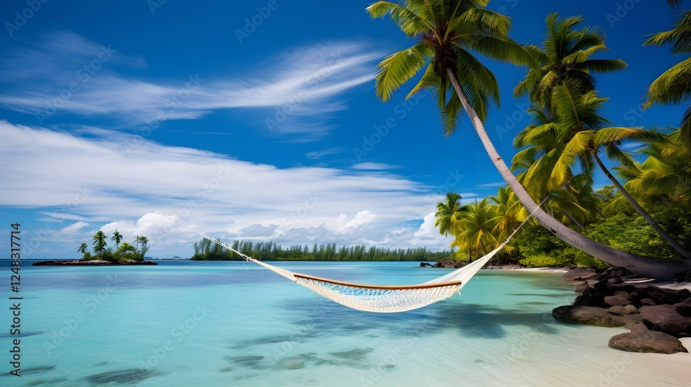 Naklejka premium Tranquil tropical island paradise with swaying hammocks strung between lush palm trees and crystalline azure waters lapping at the sandy shores