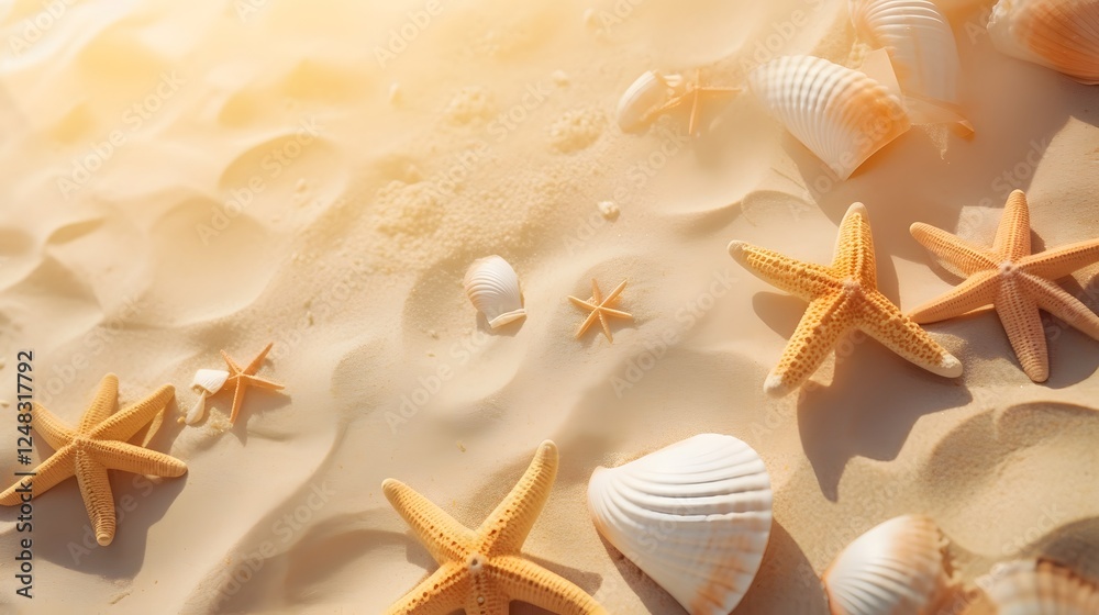 Scattered array of seashells and starfish on a golden sandy beach bathed in warm soothing sunlight creating a peaceful tranquil and serene seaside scene Scattered array of seashells and starfish on a golden sandy beach bathed in warm soothing sunlight creating a peaceful tranquil and serene seaside scene