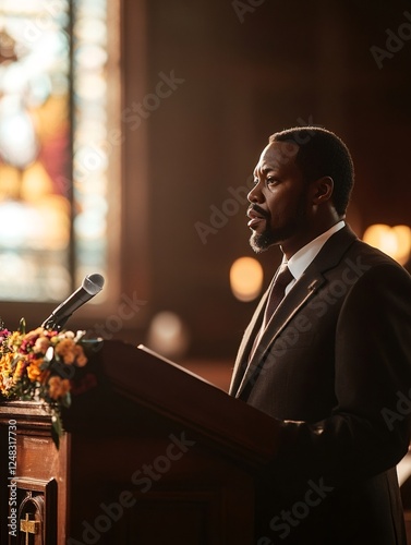 Politician giving a speech at a lectern in a church