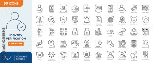 Identity and Verification line editable icon set. Containing Passport, biometric, tools, driving license, face id, code, fingerprint, and more. Vector illustration