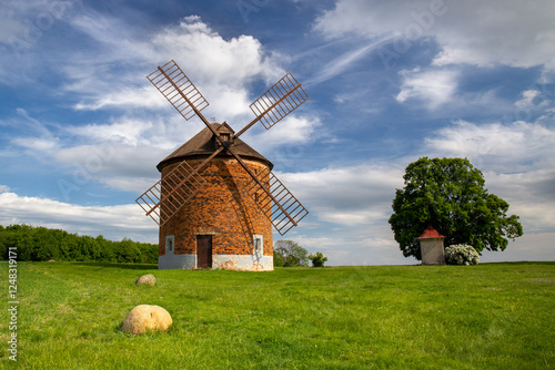 Chvalkovice windmill surrounded by rolling farmland. Moravia, Czech Republic.