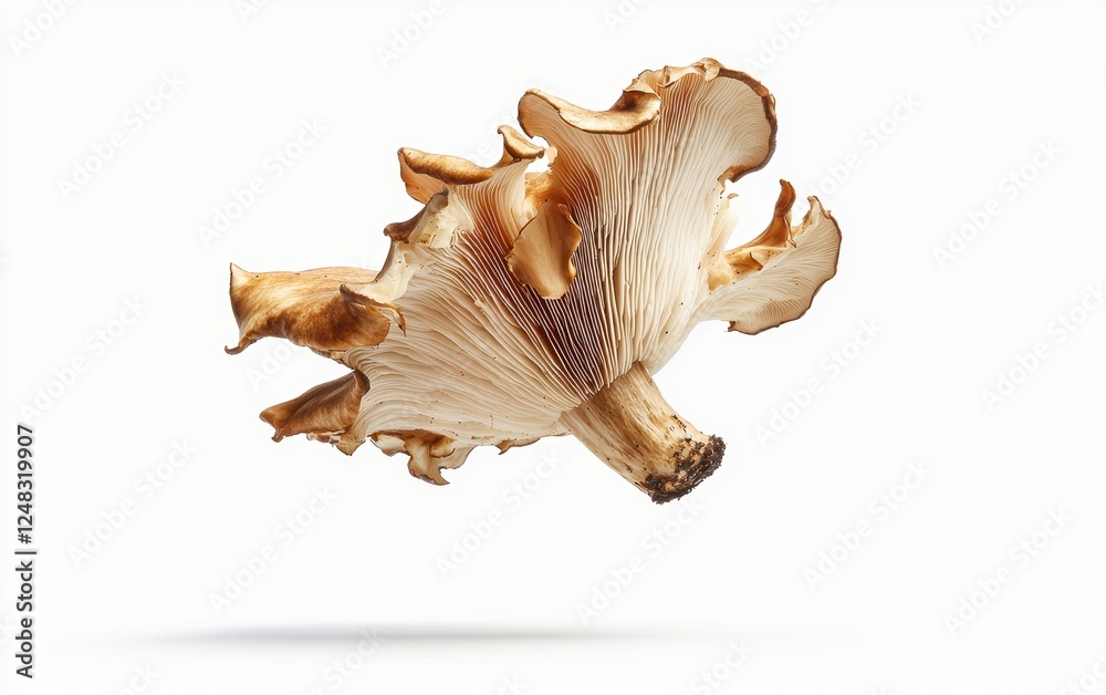A fresh porcini mushroom floating mid-air with delicate shadows isolated on white A fresh porcini mushroom floating mid-air with delicate shadows isolated on white