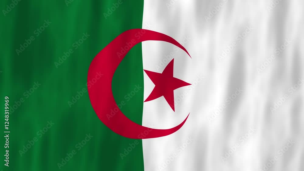 Algeria flag country animation 3D symbol design waving in wind movement national patriotism world culture emblem banner North Africa green red white Algeria flag country animation 3D symbol design waving in wind movement national patriotism world culture emblem banner North Africa green red white