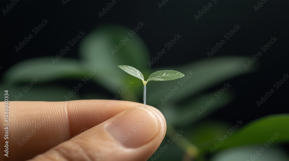 Hand holding small plant with green leaves on blurred background. growth and sustainability concept Hand holding small plant with green leaves on blurred background. growth and sustainability concept