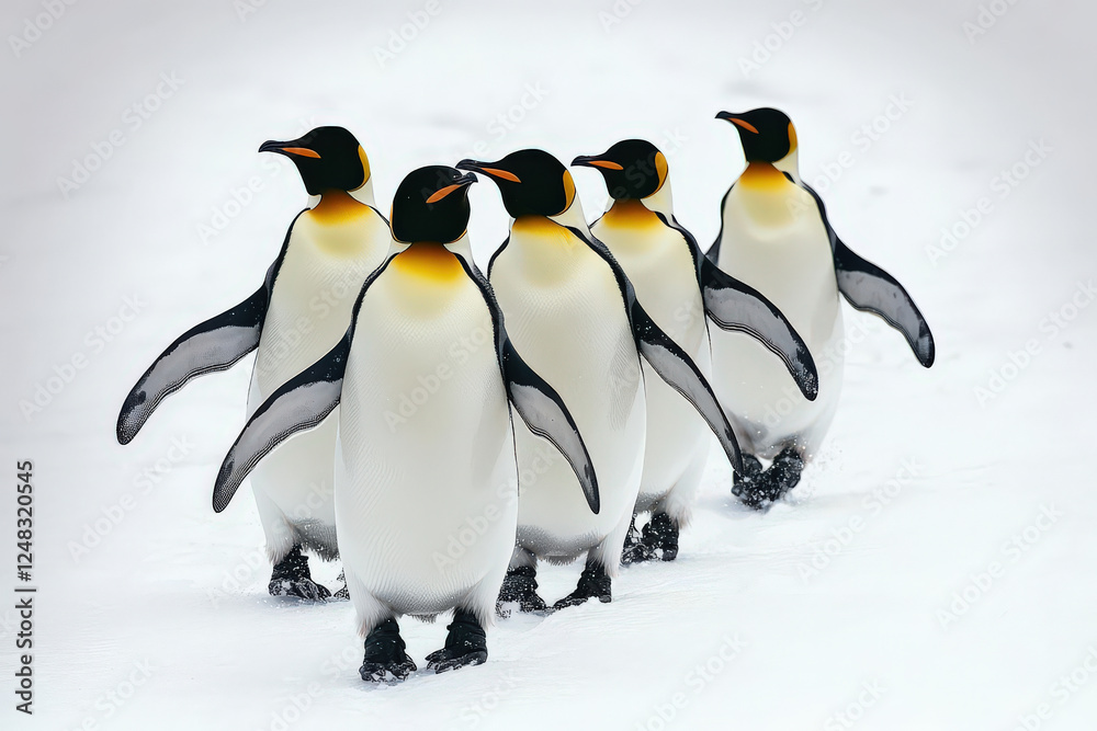 Fototapeta premium Penguins waddling happily on icy Antarctic landscape