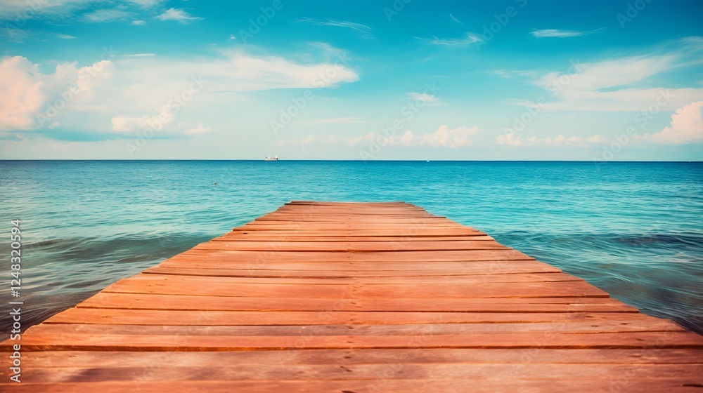 Obraz premium Serene image of a rustic wooden pier stretching out into calm ocean waters reflecting the surrounding peaceful environment A picturesque scene of nature and tranquility