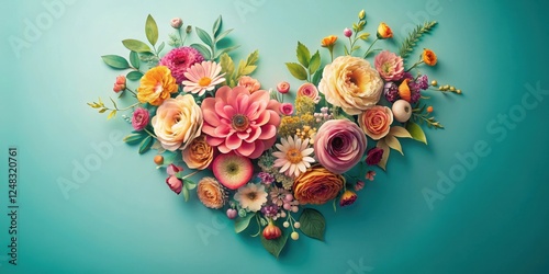 A vibrant arrangement of blossoms, meticulously crafted to form a heart shape, adorns a teal backdrop, celebrating the beauty of nature's artistry.