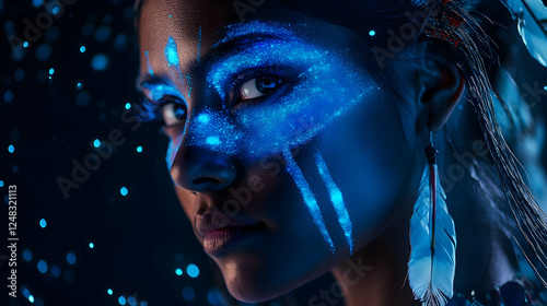 Photo: Bioluminescent Beauty, Night, Portrait, Woman, Face Paint, Feather, Dark, Blue, Glow, Tribal