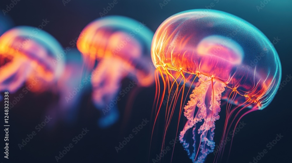 Ethereal Jellyfish Glowing in Dark Ocean Waters with Colorful Lights Ethereal Jellyfish Glowing in Dark Ocean Waters with Colorful Lights