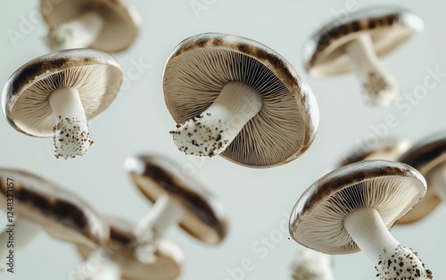 A high detail shot of multiple mushrooms flipping and spinning mid motion bright white background photo