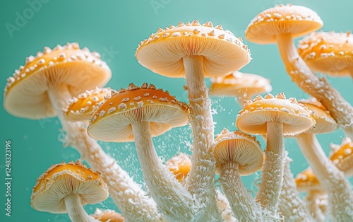 A high speed capture of mushrooms bouncing mid motion with earthy color grading soft pastel green background photo