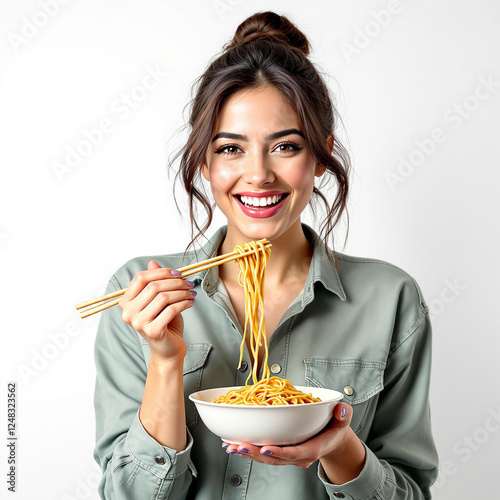 Young woman eating noodles