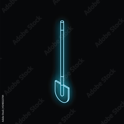 Minimalist blue neon shovel glowing on a dark background, simple gardening tool concept