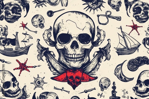 Nautical themed design featuring skulls, pirate ships, and marine elements in a vintage tattoo style. Bold and detailed with red accents
