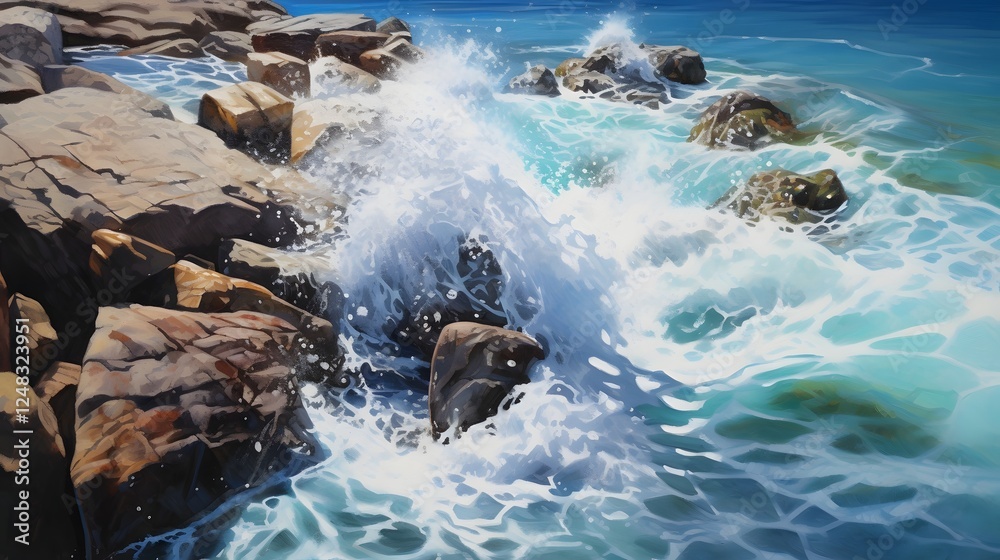 Obraz premium Captivating seafoam swirls around rugged coastal rocks during high tide creating a mesmerizing and dynamic seascape The flowing abstract movement of the water contrasts with the solid