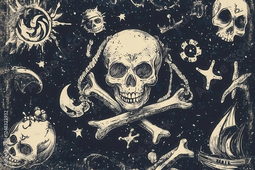 Detailed illustration featuring a skull and crossbones surrounded by nautical elements like ships, stars, and celestial motifs on a dark background