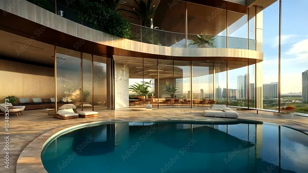 Luxury condo pool, city view, sunrise, relaxation Luxury condo pool, city view, sunrise, relaxation