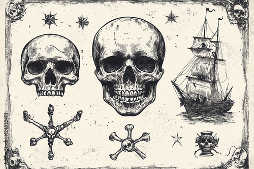 Detailed vintage illustration featuring pirate skulls, a sailing ship, and nautical elements, evoking a classic maritime adventure theme