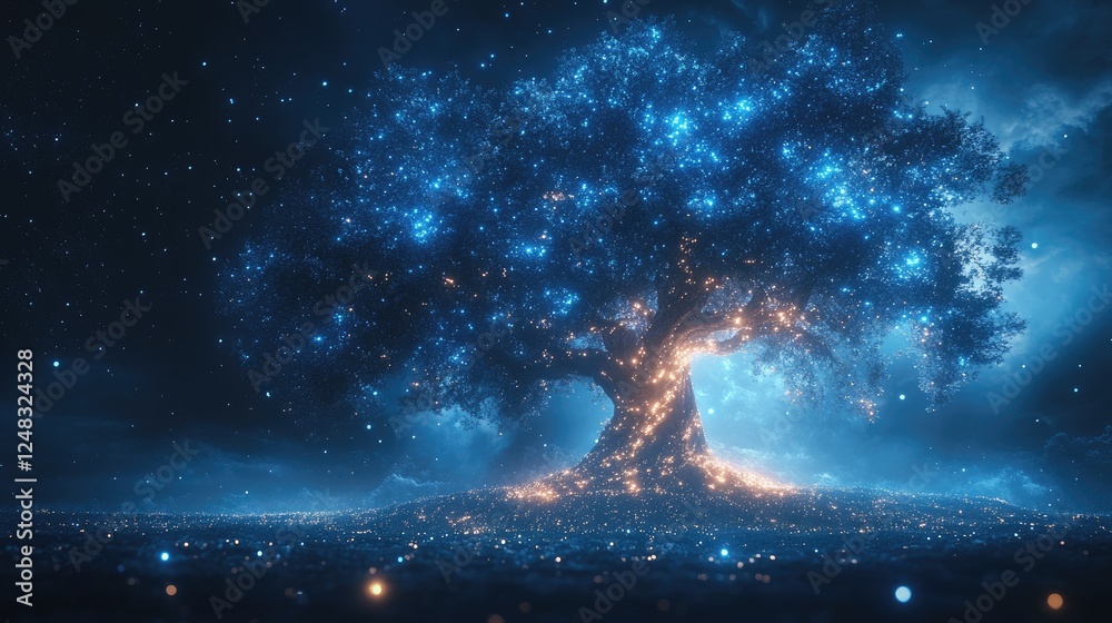 Fototapeta premium Glowing tree under a starry sky, illuminating the landscape with ethereal light