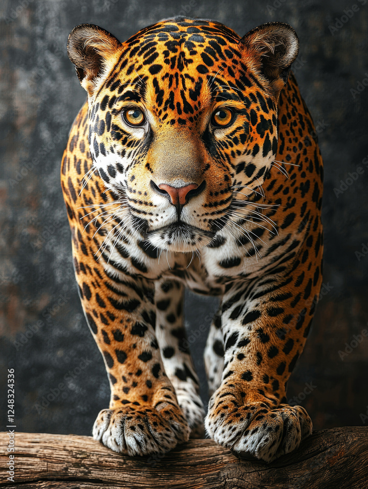 Obraz premium A poised jaguar, adorned with striking rosettes, gazes forward with focused, golden eyes, its powerful presence palpable.