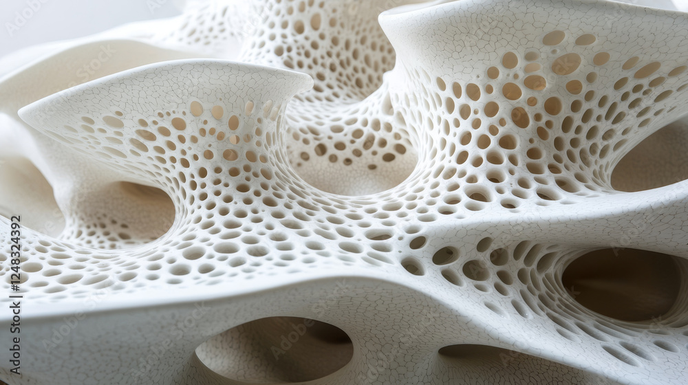 Intricate white coral-like structure with organic curves, porous textures, and a network of interconnected holes, showcasing delicate craftsmanship. Intricate white coral-like structure with organic curves, porous textures, and a network of interconnected holes, showcasing delicate craftsmanship.