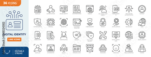 Digital identity line editable icon set. Containing Biometric Data, Internet, Cyber Security, Search History, Confidentiality, Authentication, Password, Website, and more. Vector illustration