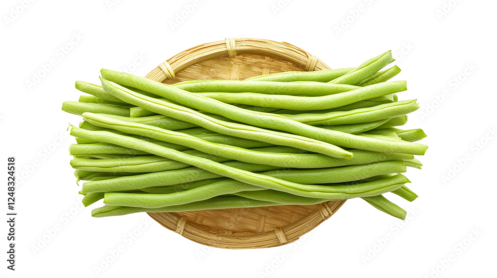 Fresh Green String Beans on Round Bamboo Plate Isolated on White Background with Vibrant Color and Natural Appeal Fresh Green String Beans on Round Bamboo Plate Isolated on White Background with Vibrant Color and Natural Appeal