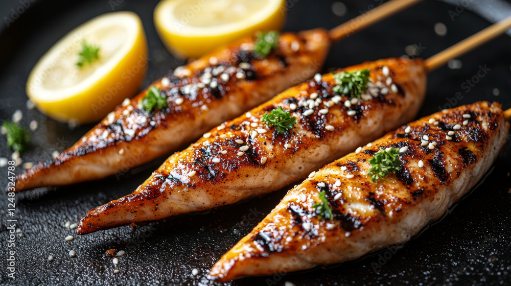 Grilled chicken skewers seasoned with sesame seeds and parsley, accompanied by fresh lemon wedges. Grilled chicken skewers seasoned with sesame seeds and parsley, accompanied by fresh lemon wedges.