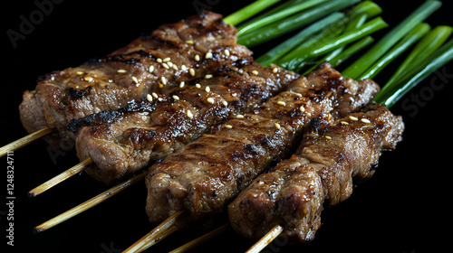 Grilled meat skewers with sesame seeds and scallions, presented against a dark background. photo