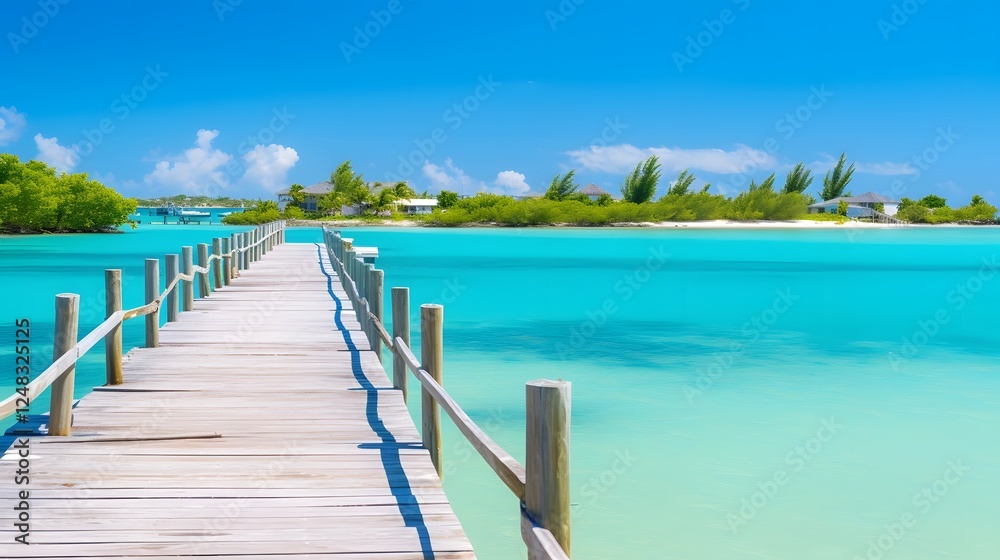 Obraz premium Picturesque wooden fishing pier extending out over crystal clear turquoise waters creating a peaceful and serene coastal landscape
