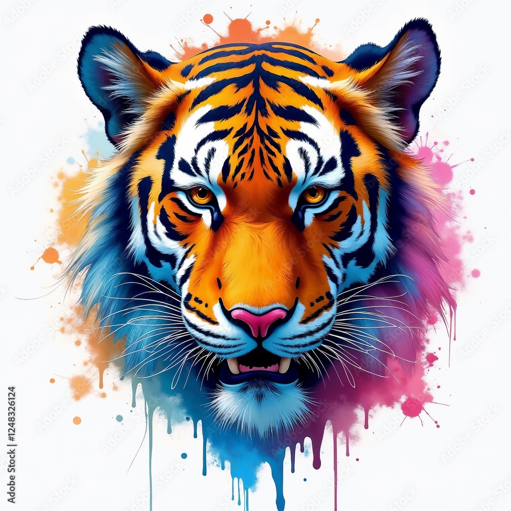 Vibrant tiger face showcasing colorful splashes of paint in a creative artistic style Vibrant tiger face showcasing colorful splashes of paint in a creative artistic style