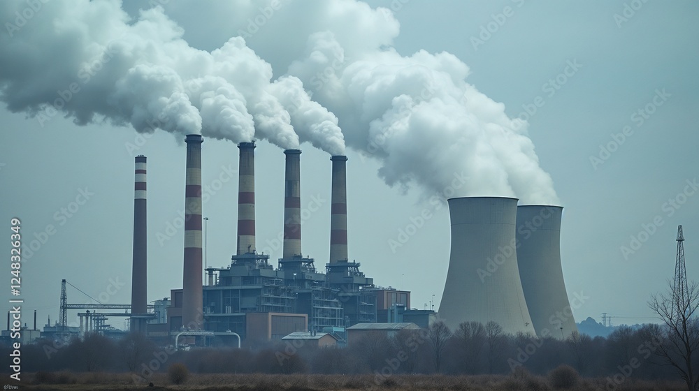 Industrial power plant emits thick smoke into the atmosphere while surrounded by a gray sky and barren land during daytime Industrial power plant emits thick smoke into the atmosphere while surrounded by a gray sky and barren land during daytime